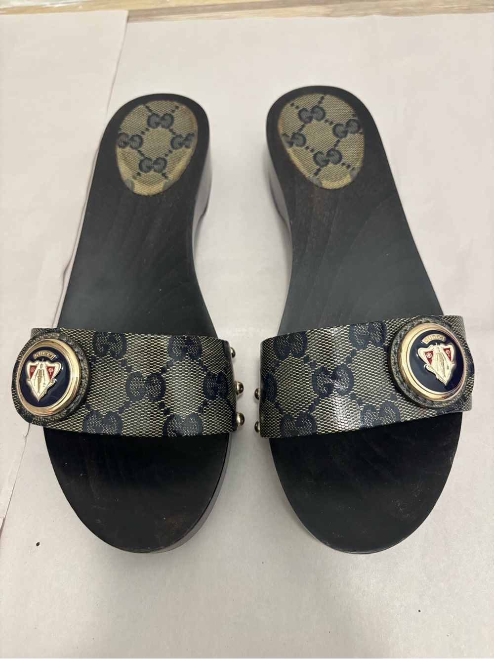 Gucci authentic Navy GG Wooden Clog Slide Sandals with Crest Medallion